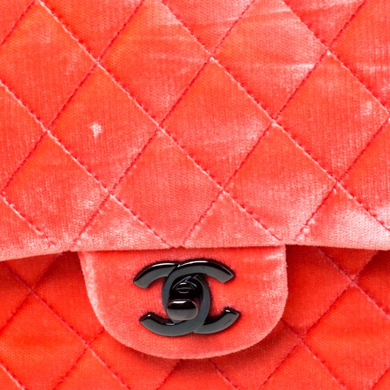 Chanel Coral Orange Quilted Velvet Medium Classic Double Flap Bag 4