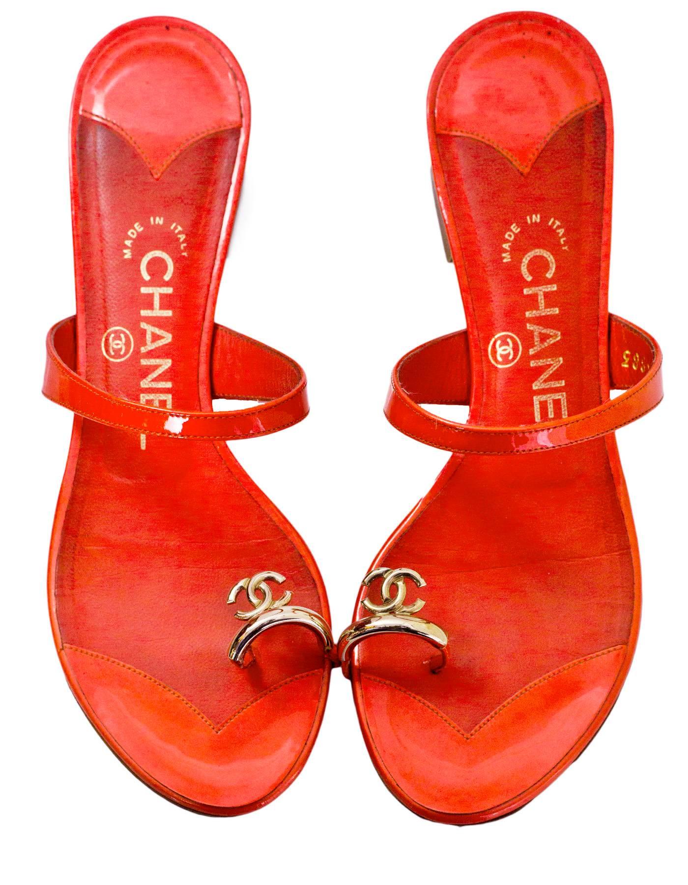 Red Chanel Coral Patent Leather CC Toe Sandals Sz 36