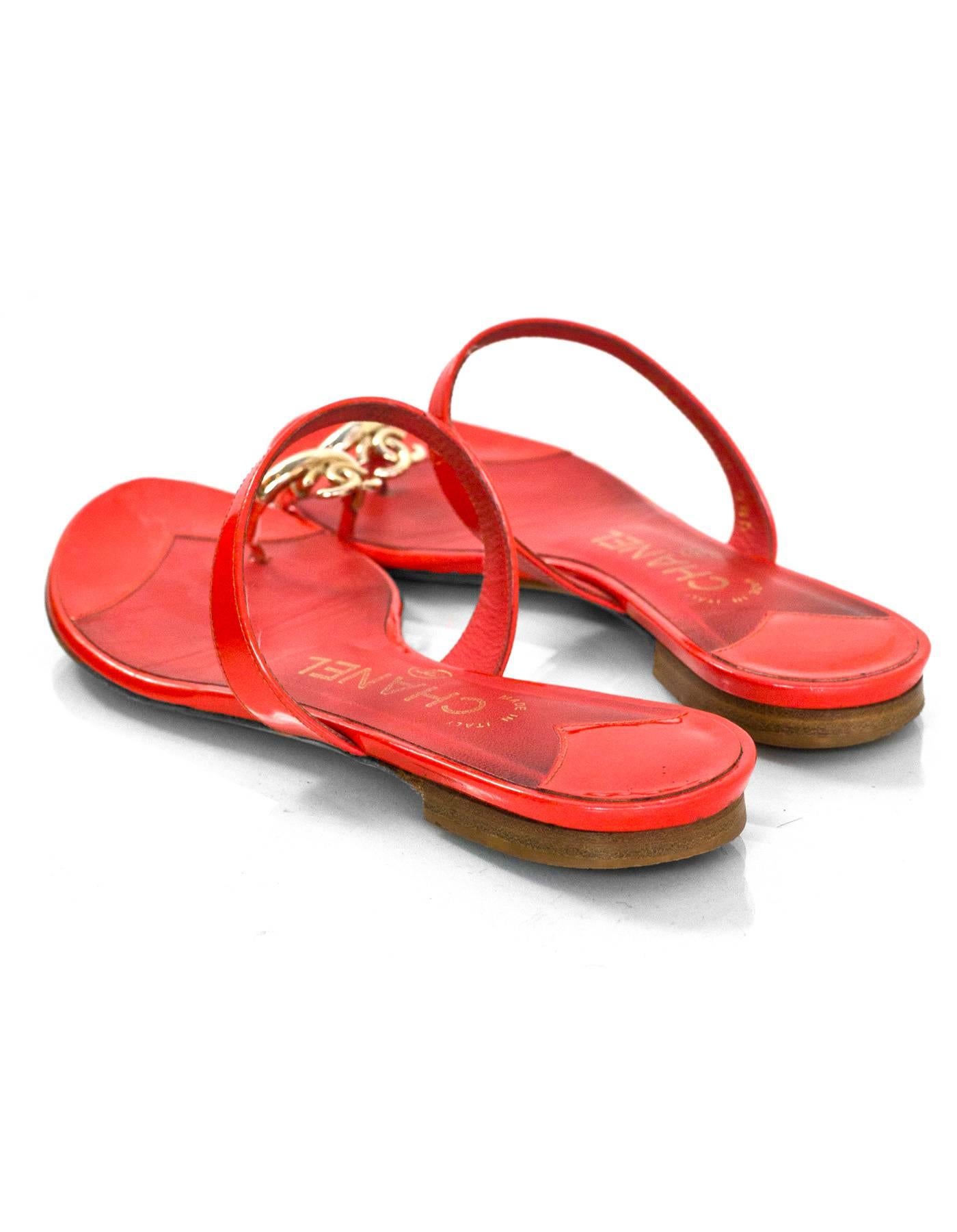 Women's Chanel Coral Patent Leather CC Toe Sandals Sz 36