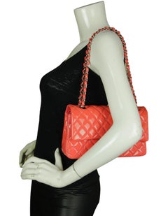 Chanel Coral Patent Leather Quilted 10" Medium Double Flap Classic Bag