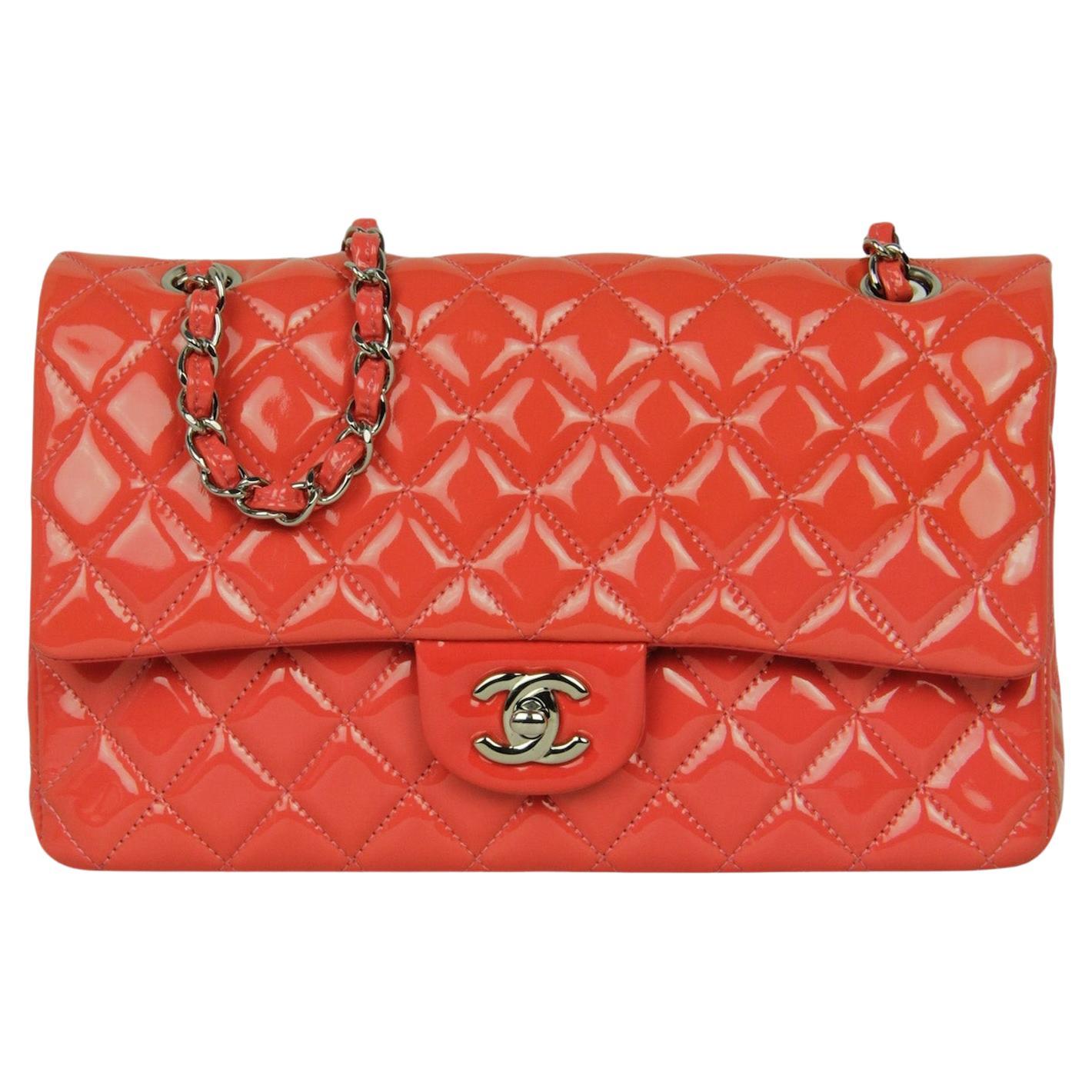 Chanel Coral Patent Leather Quilted 10" Medium Double Flap Classic Bag For Sale