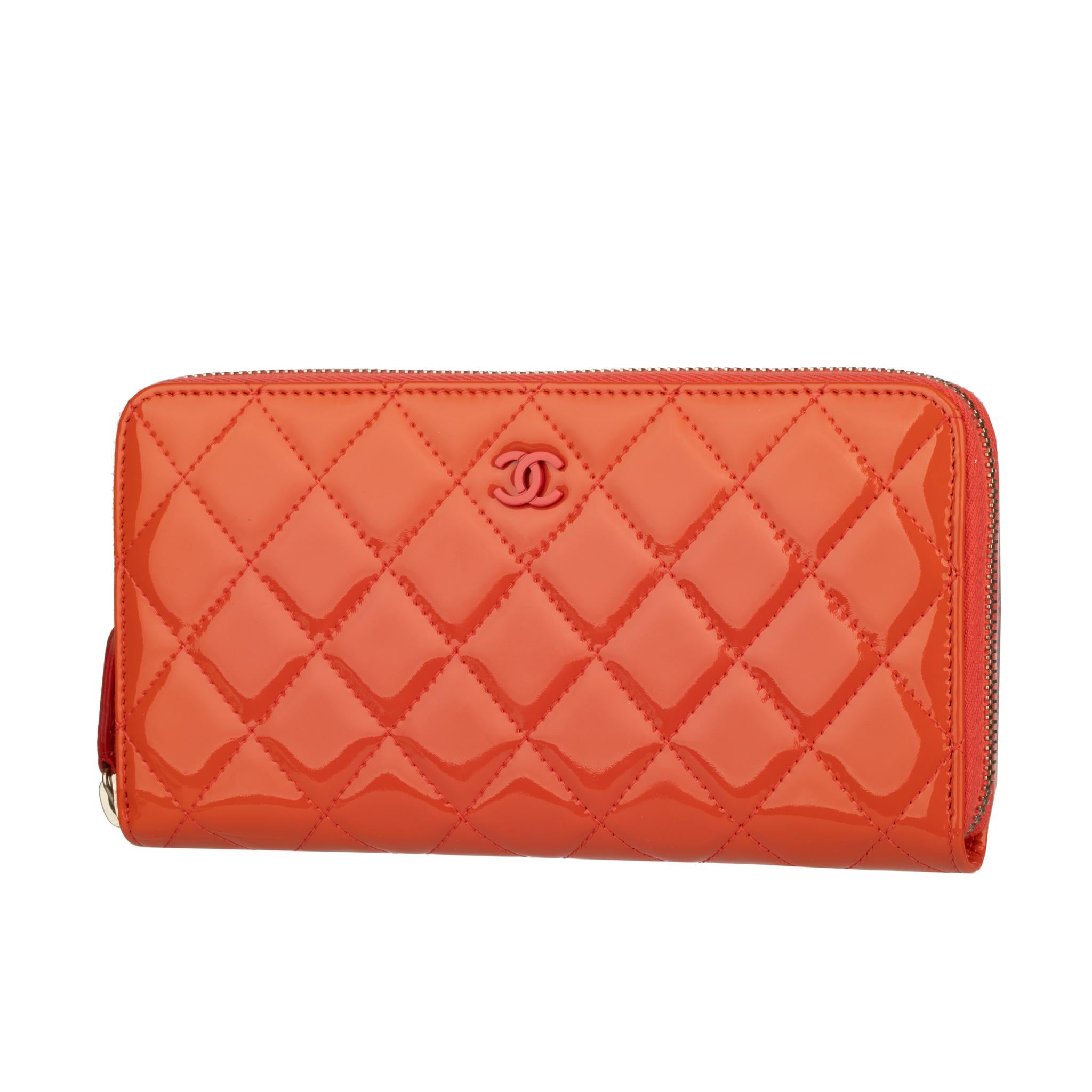 Red Chanel Coral Patent Leather Zip-Around Wallet For Sale