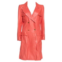 Chanel Coral Pink Leather Double Breasted Trench Coat L