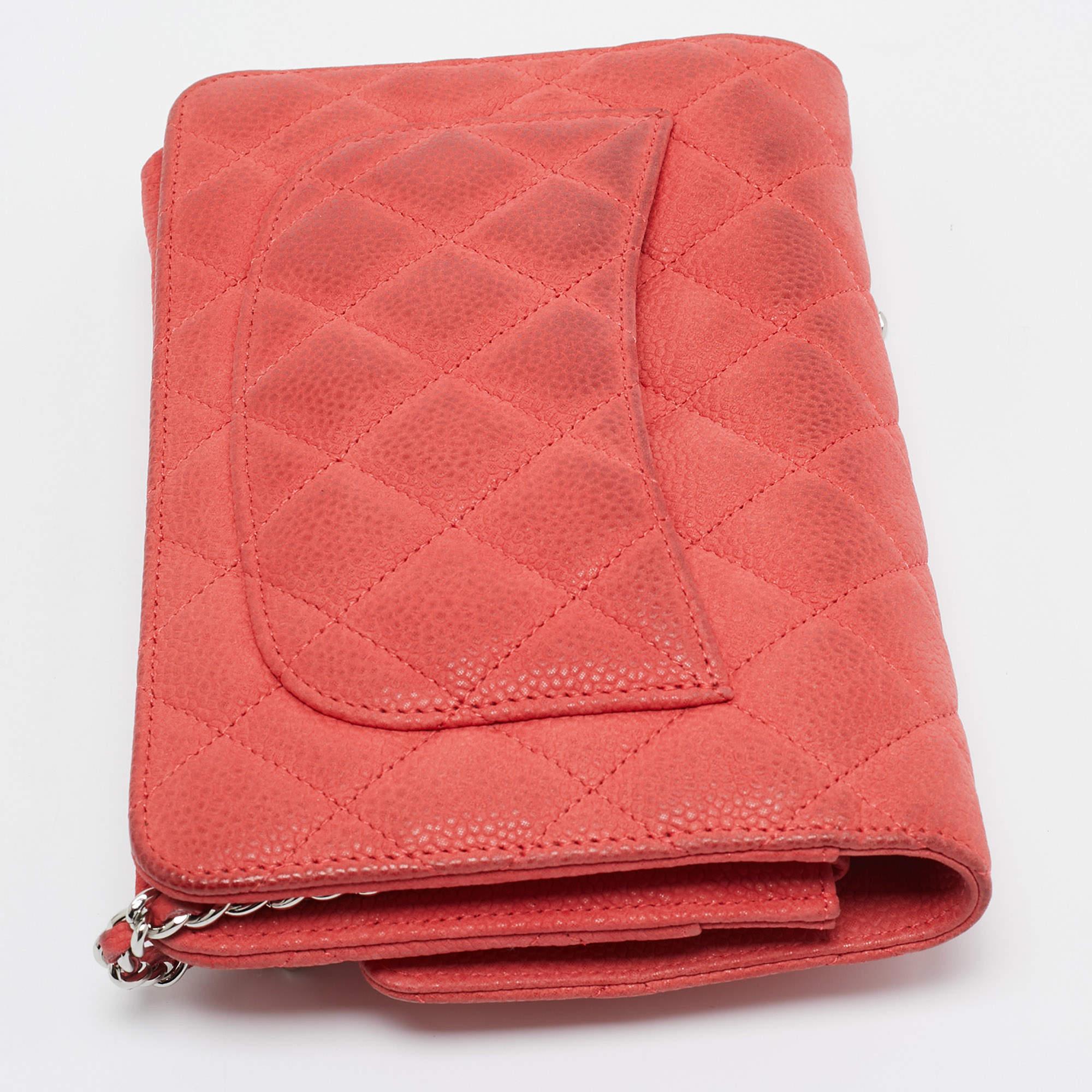 Chanel Coral Pink Quilted Caviar Leather CC Flap Wallet on Chain 3