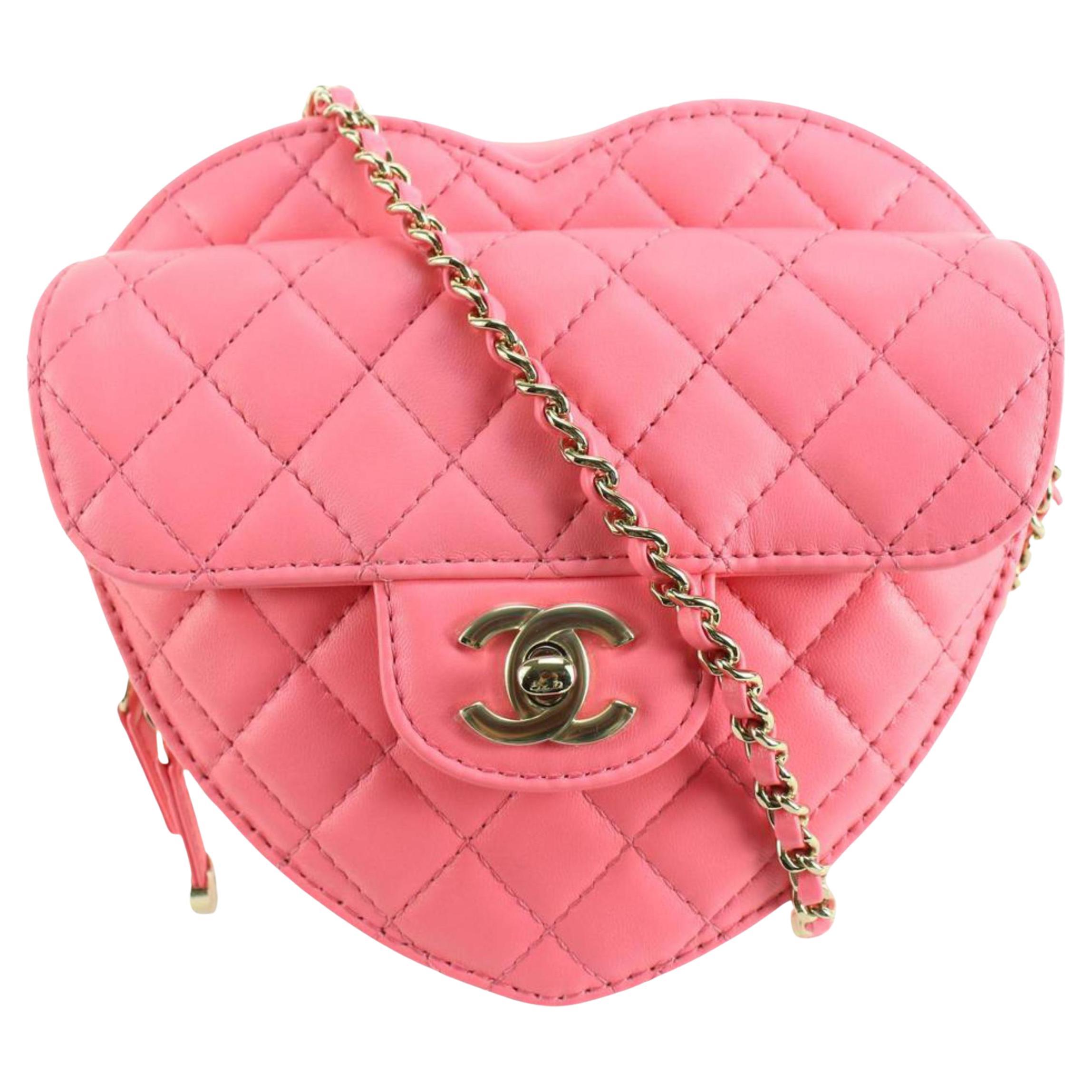 Chanel Coral Pink Quilted Lambskin CC In Love Heart Flap Bag Large