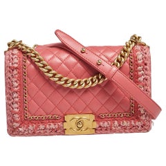 Chanel Coral Pink Quilted Leather and Tweed Trim Medium Jacket Boy Flap Bag