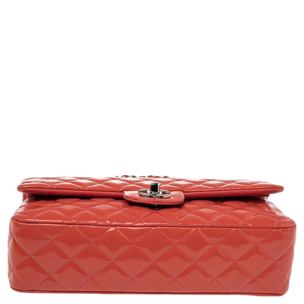 Chanel Coral Pink Quilted Patent Leather Medium Classic Double Flap Bag 4