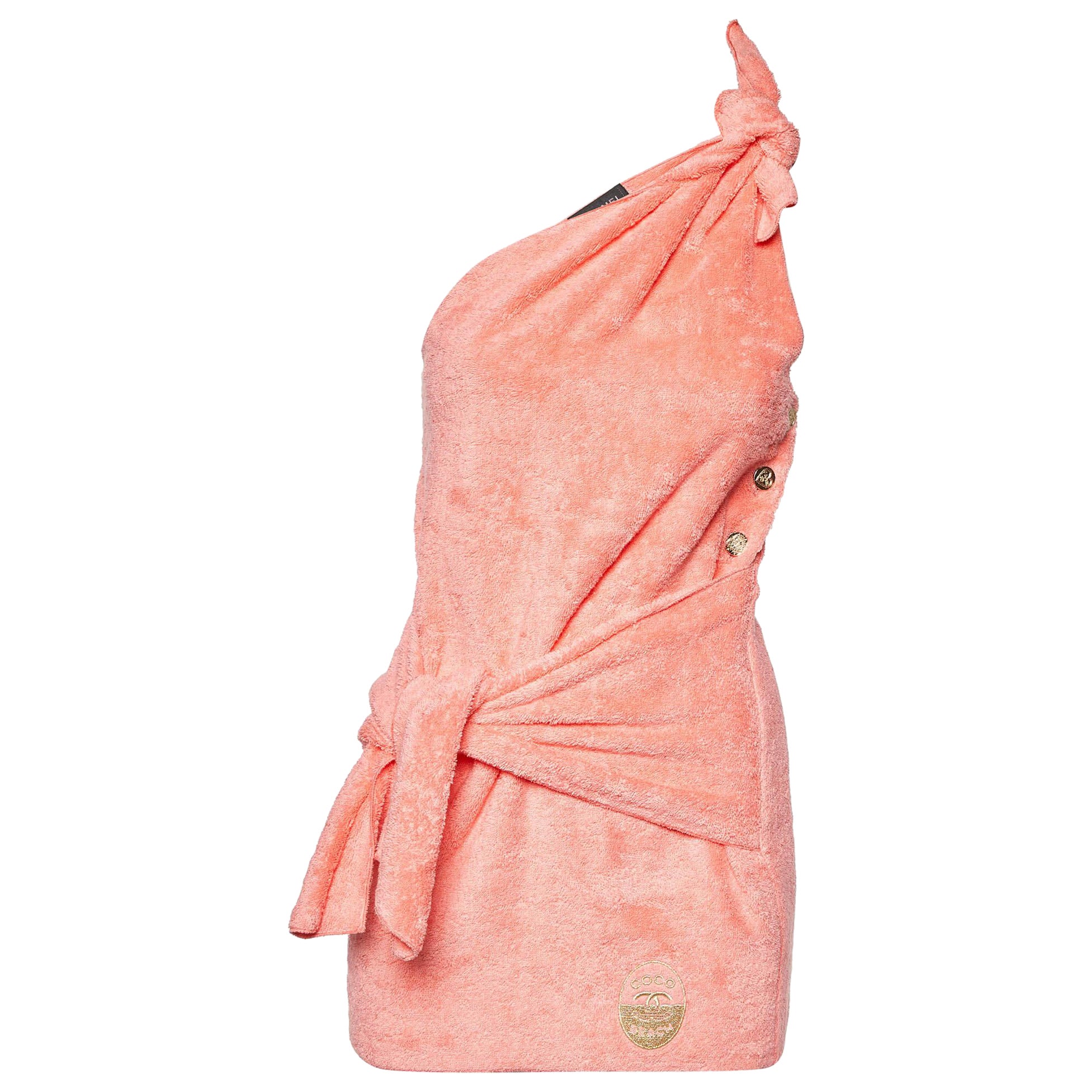 Chanel Coral Pink Terry One-Shoulder Cover-Up Mini Dress M
