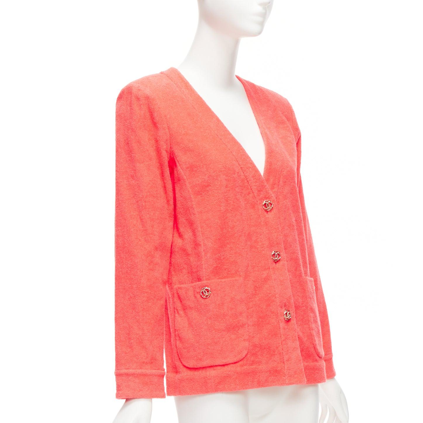 CHANEL coral pink towel terry cloth gold CC logo blazer jacket FR36 S In Good Condition For Sale In Hong Kong, NT