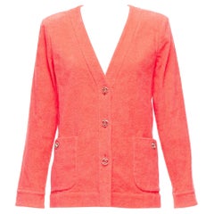 CHANEL coral pink towel terry cloth gold CC logo blazer jacket FR36 S