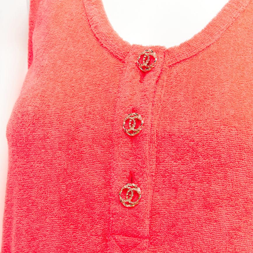 CHANEL coral pink towel terry cloth gold CC logo button mini dress FR34 XS
Reference: TGAS/D01087
Brand: Chanel
Designer: Virginie Viard
Material: Cotton, Blend
Color: Pink
Pattern: Solid
Closure: Button
Extra Details: CC logo buttons.
Made in:
