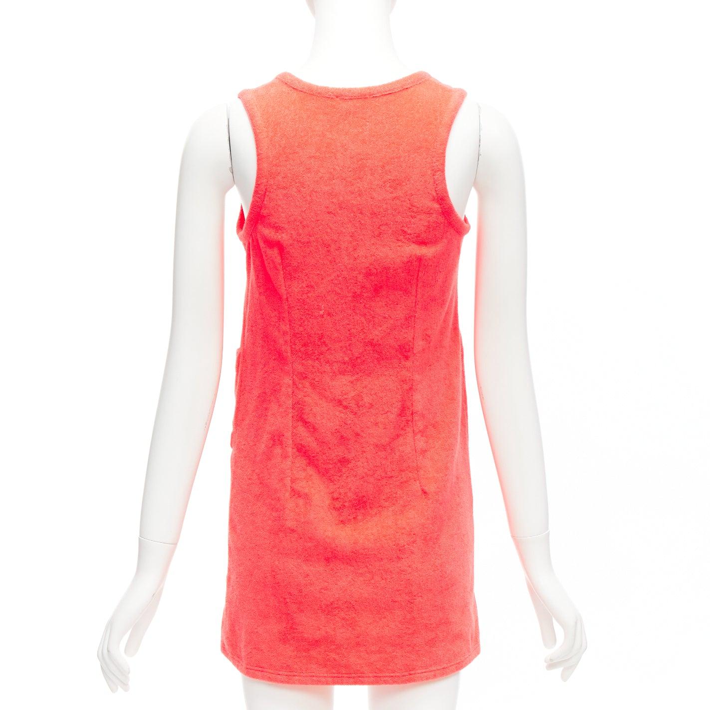 CHANEL coral pink towel terry cloth gold CC logo button mini dress FR34 XS 1