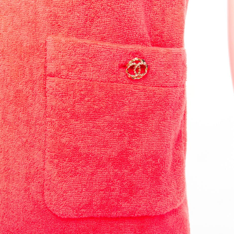 CHANEL coral pink towel terry cloth gold CC logo button mini dress FR34 XS For Sale 3