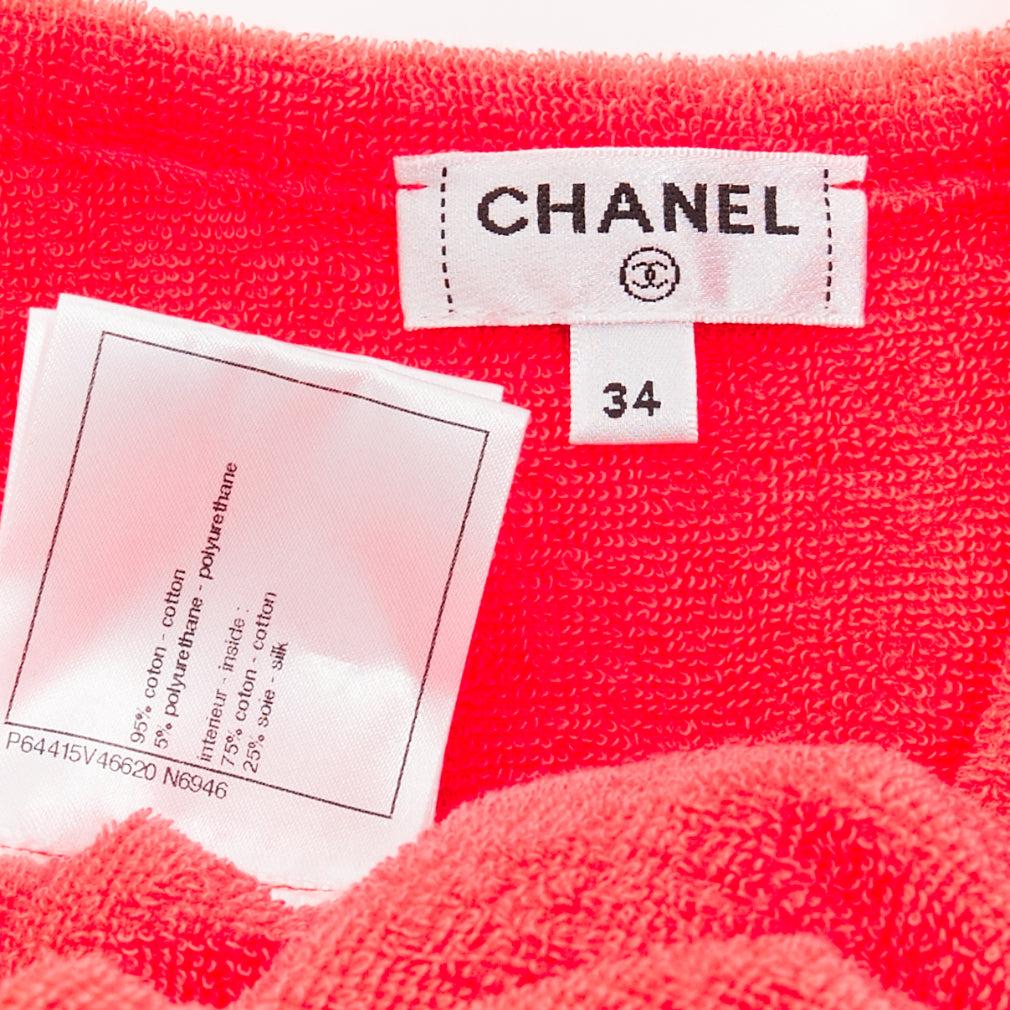 CHANEL coral pink towel terry cloth gold CC logo button mini dress FR34 XS For Sale 4