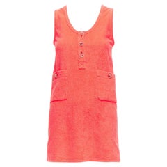 CHANEL coral pink towel terry cloth gold CC logo button mini dress FR34 XS