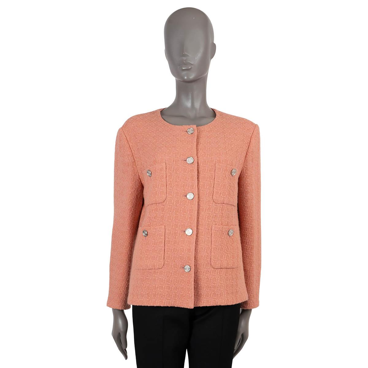 CHANEL coral pink wool 2021 21B COLLARLESS Tweed Jacket 44 fits L For Sale