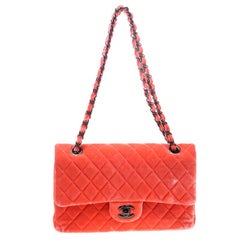 Chanel Coral Quilted Velvet Medium Classic Double Flap Bag