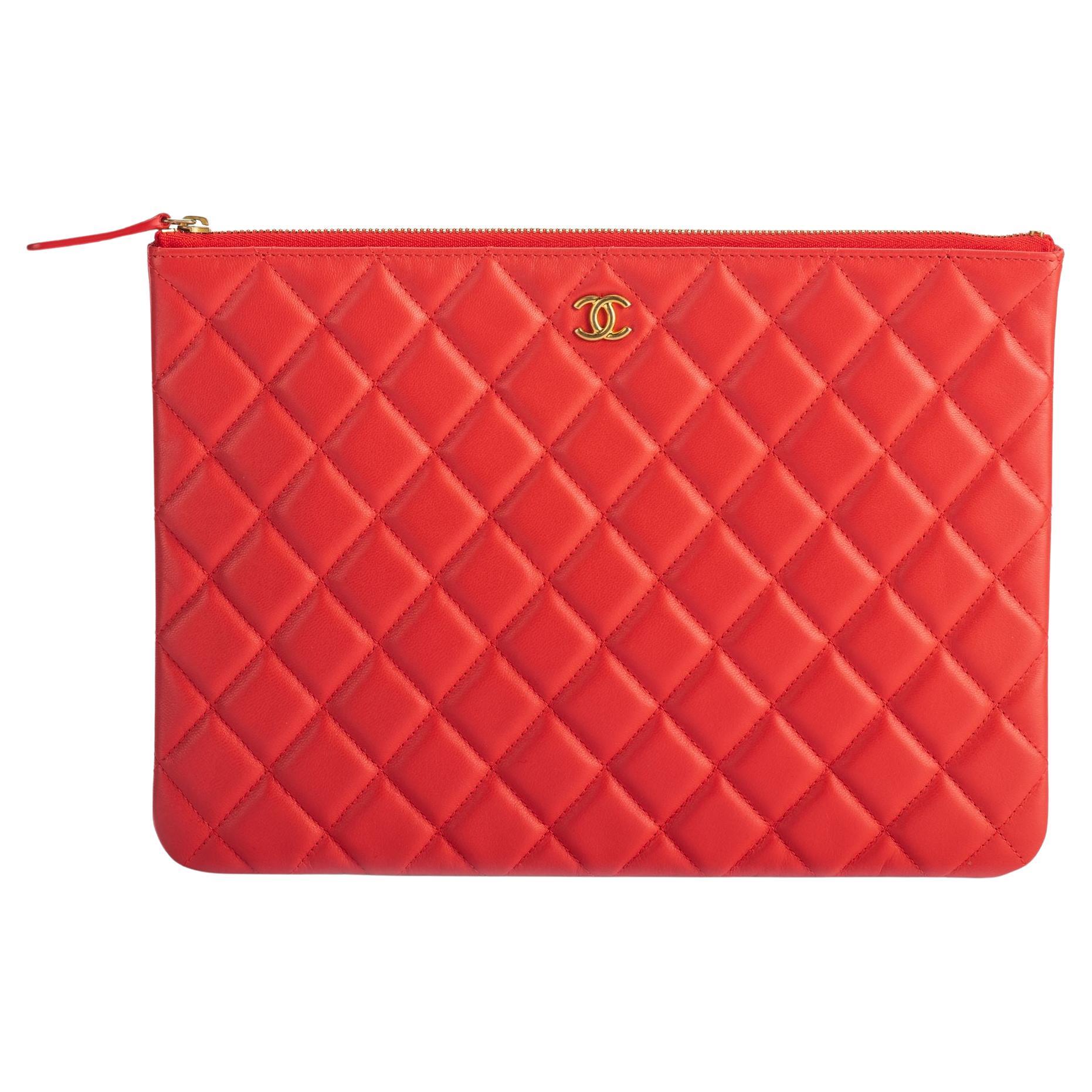 Chanel Coral Red Lambskin Quilted Clutch