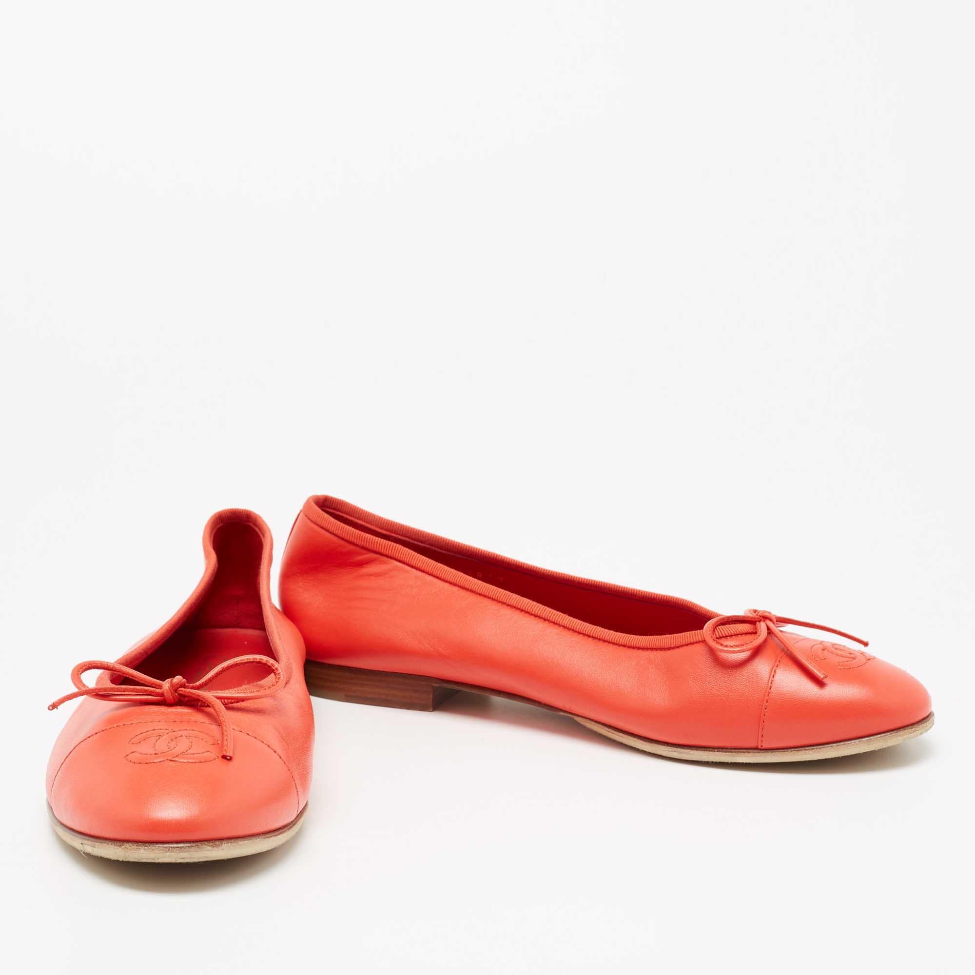 Orange Chanel Coral Red Leather CC Cap-Toe Bow Ballet Flats Size 40