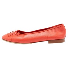 Chanel Coral Red Leather CC Cap-Toe Bow Ballet Flats Size 40