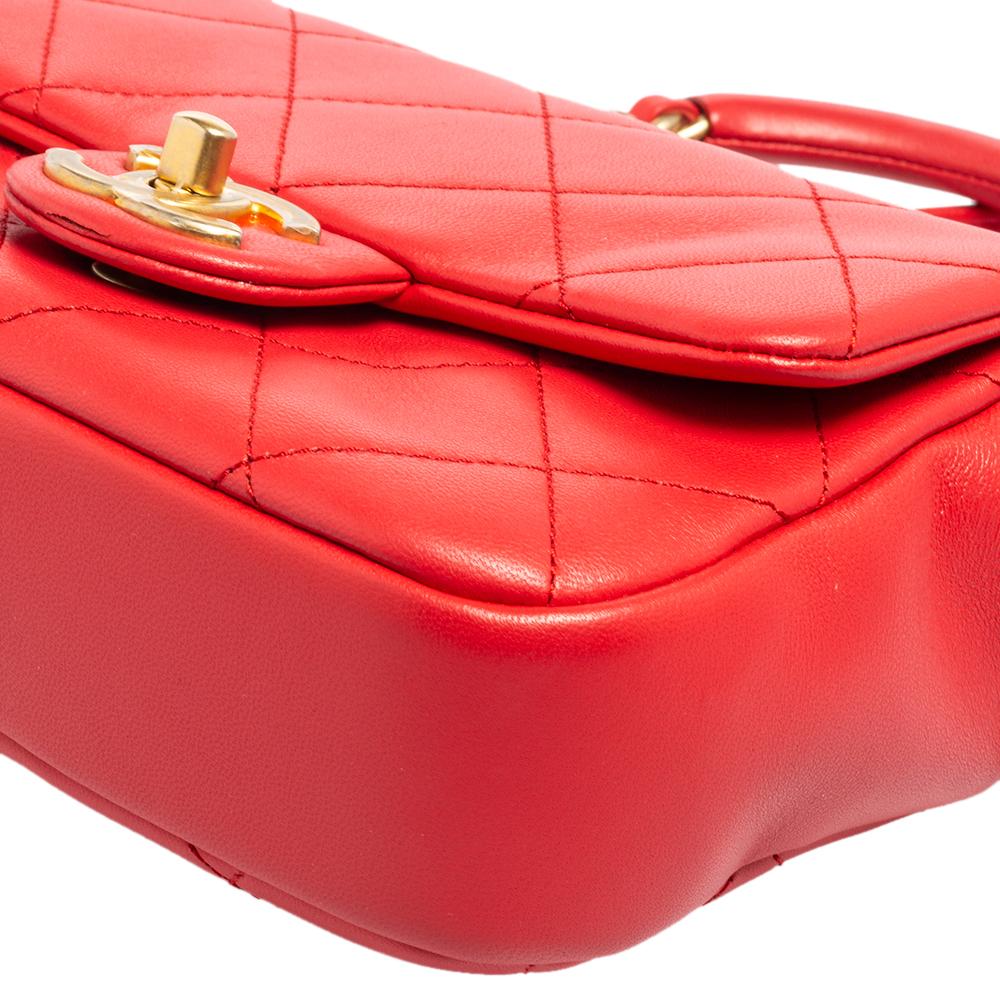 Women's Chanel Coral Red Quilted Leather Small Circular Top Handle Bag