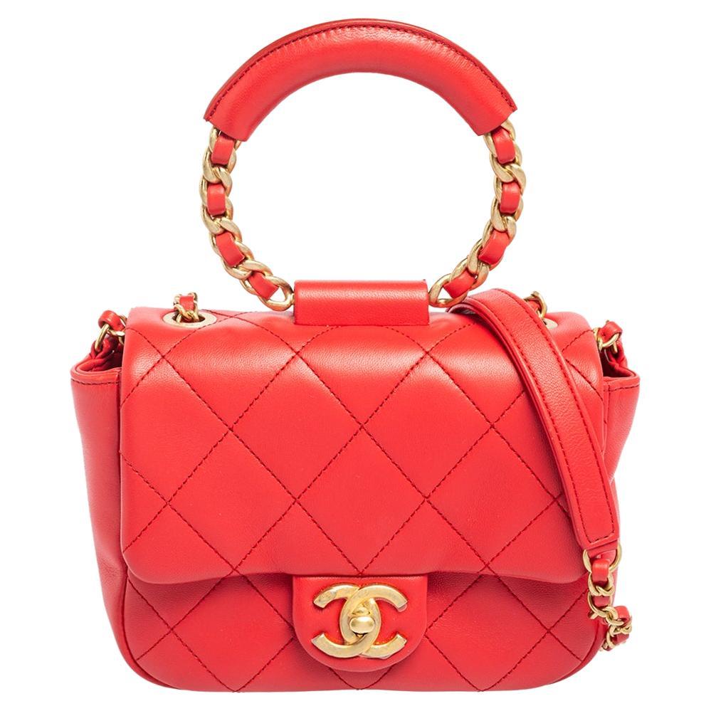 Chanel Coral Red Quilted Leather Small Circular Top Handle Bag
