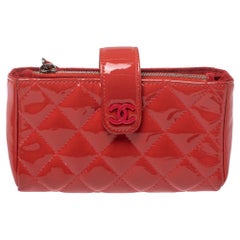 Chanel Coral Red Quilted Patent Leather CC Phone Holder Pouch