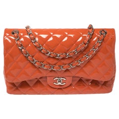 Chanel Coral Red Quilted Patent Leather Jumbo Classic Double Flap Bag