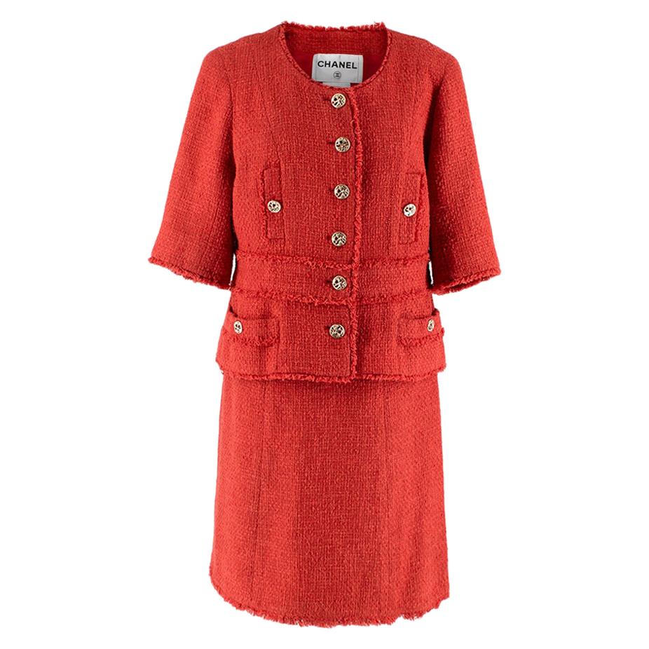 Chanel Coral Red Runway Tweed Skirt Suit - Size US 10 For Sale