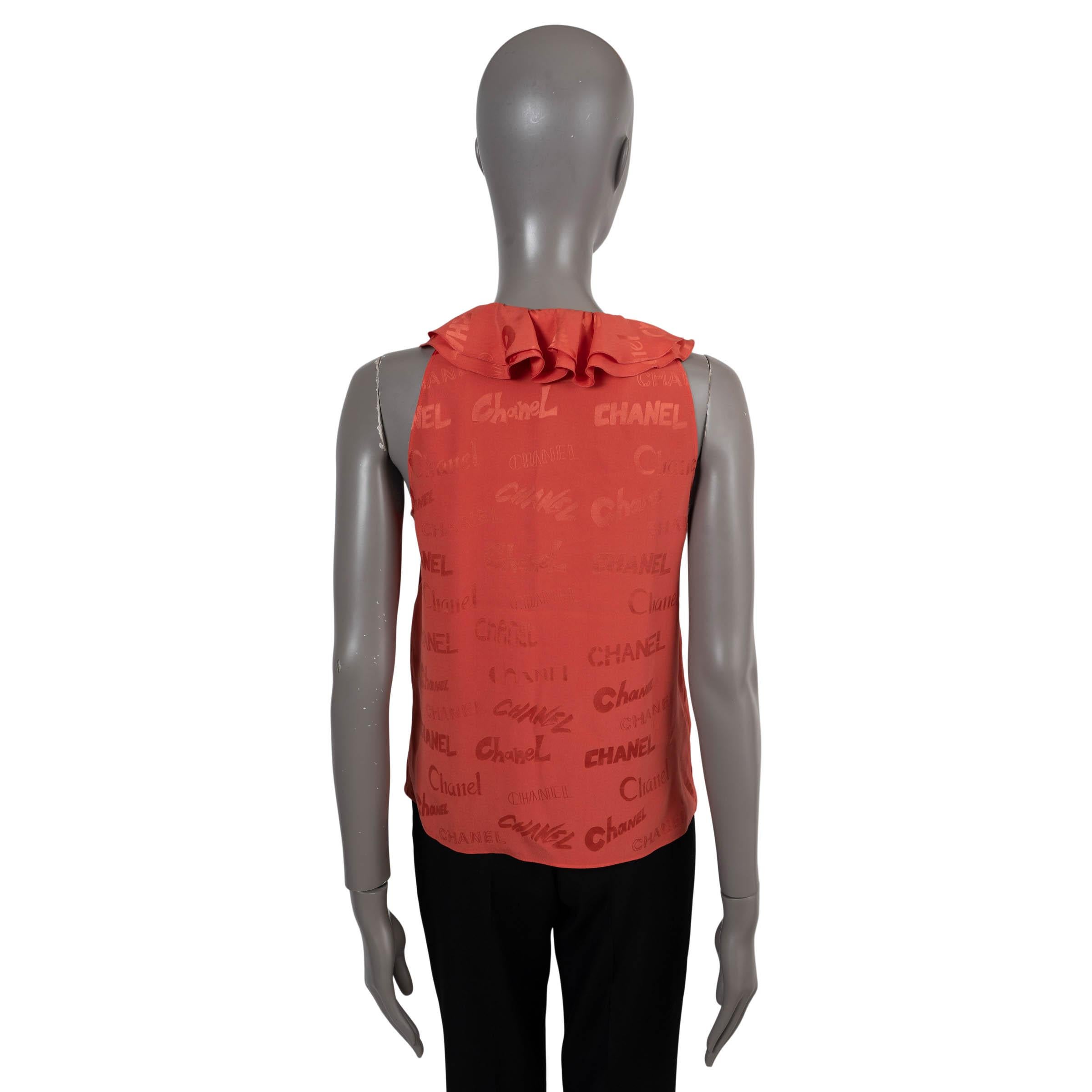 Red CHANEL coral red silk 2022 22P LOGO RUFFLED SLEEVELESS Blouse Shirt 38 S For Sale