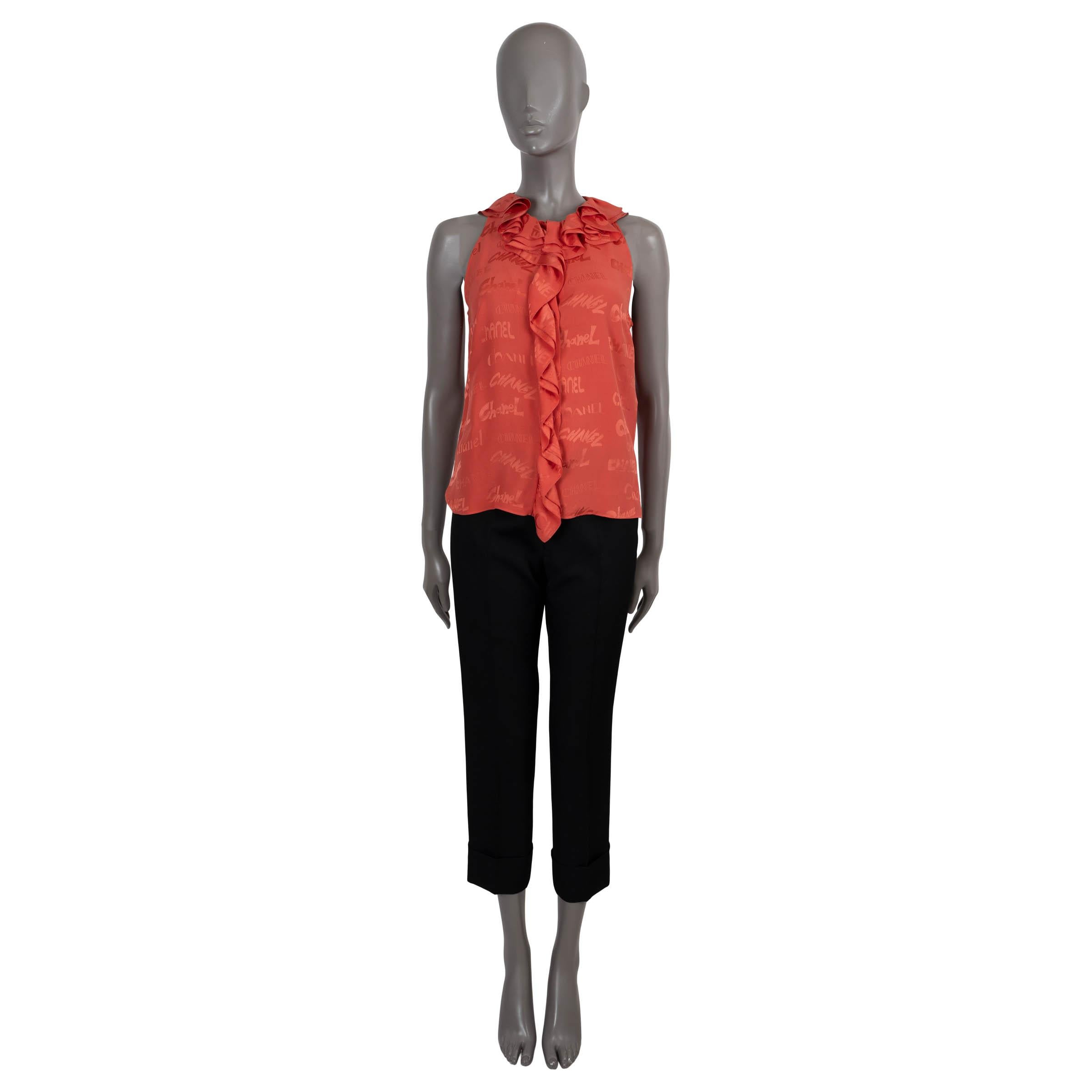 Women's CHANEL coral red silk 2022 22P LOGO RUFFLED SLEEVELESS Blouse Shirt 38 S For Sale