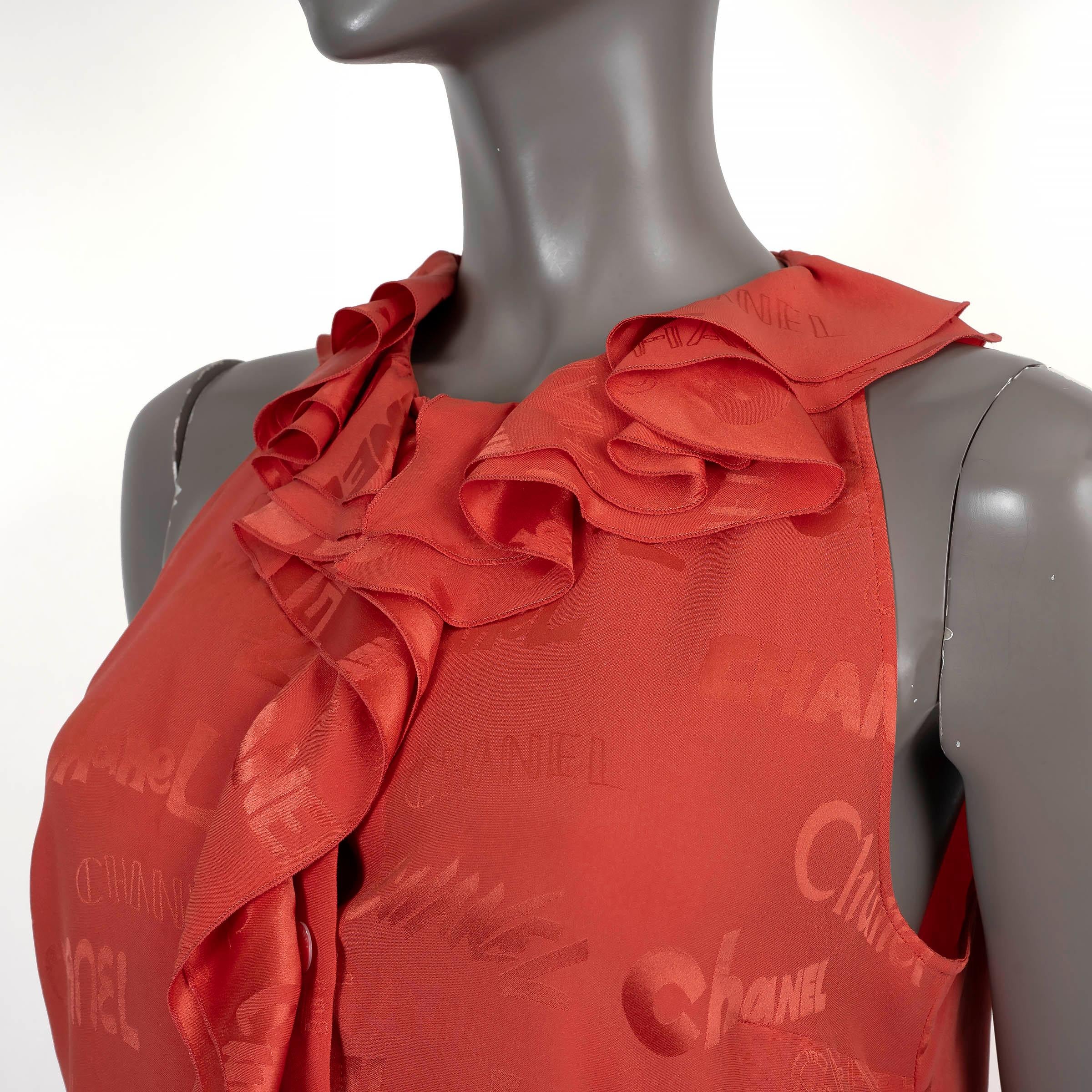CHANEL coral red silk 2022 22P LOGO RUFFLED SLEEVELESS Blouse Shirt 38 S For Sale 1