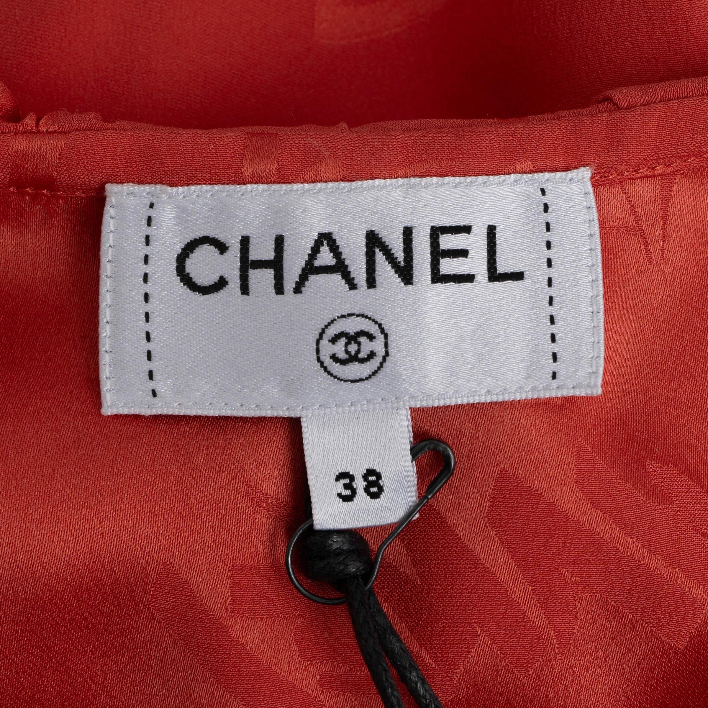 CHANEL coral red silk 2022 22P LOGO RUFFLED SLEEVELESS Blouse Shirt 38 S For Sale 2