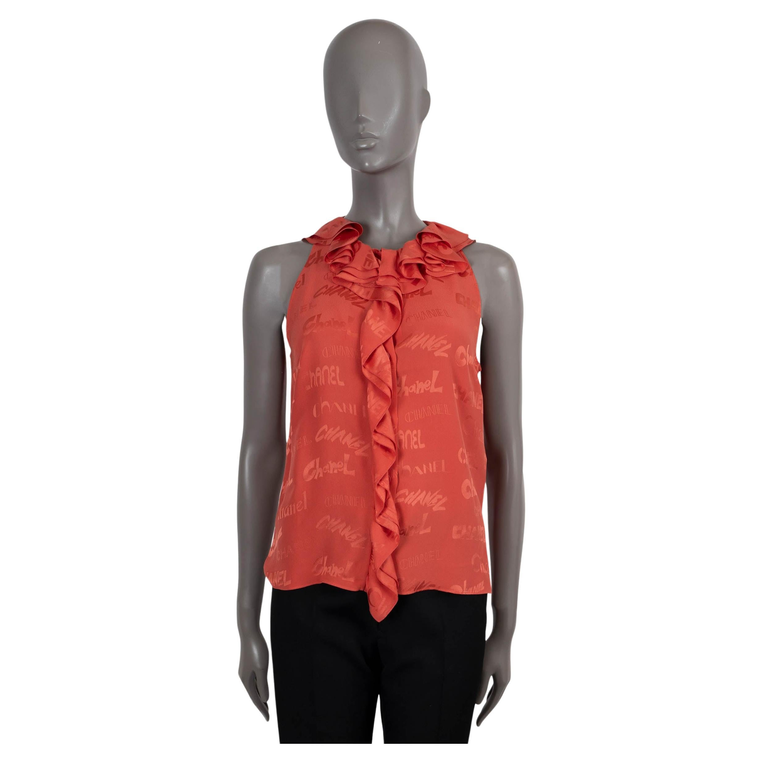 CHANEL coral red silk 2022 22P LOGO RUFFLED SLEEVELESS Blouse Shirt 38 S For Sale