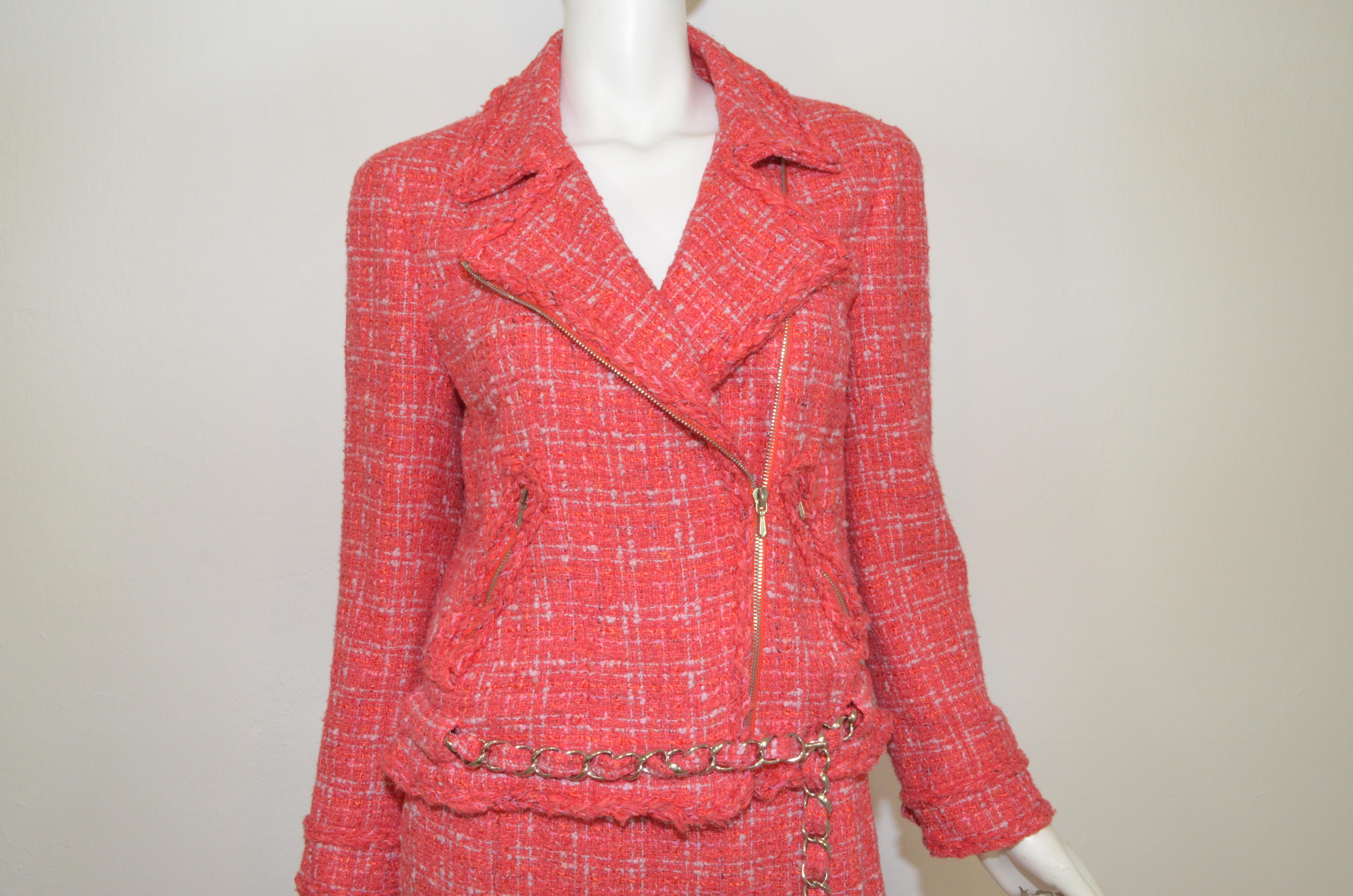 Orange Chanel Coral Tweed Skirt with Chain Belted Jacket Set