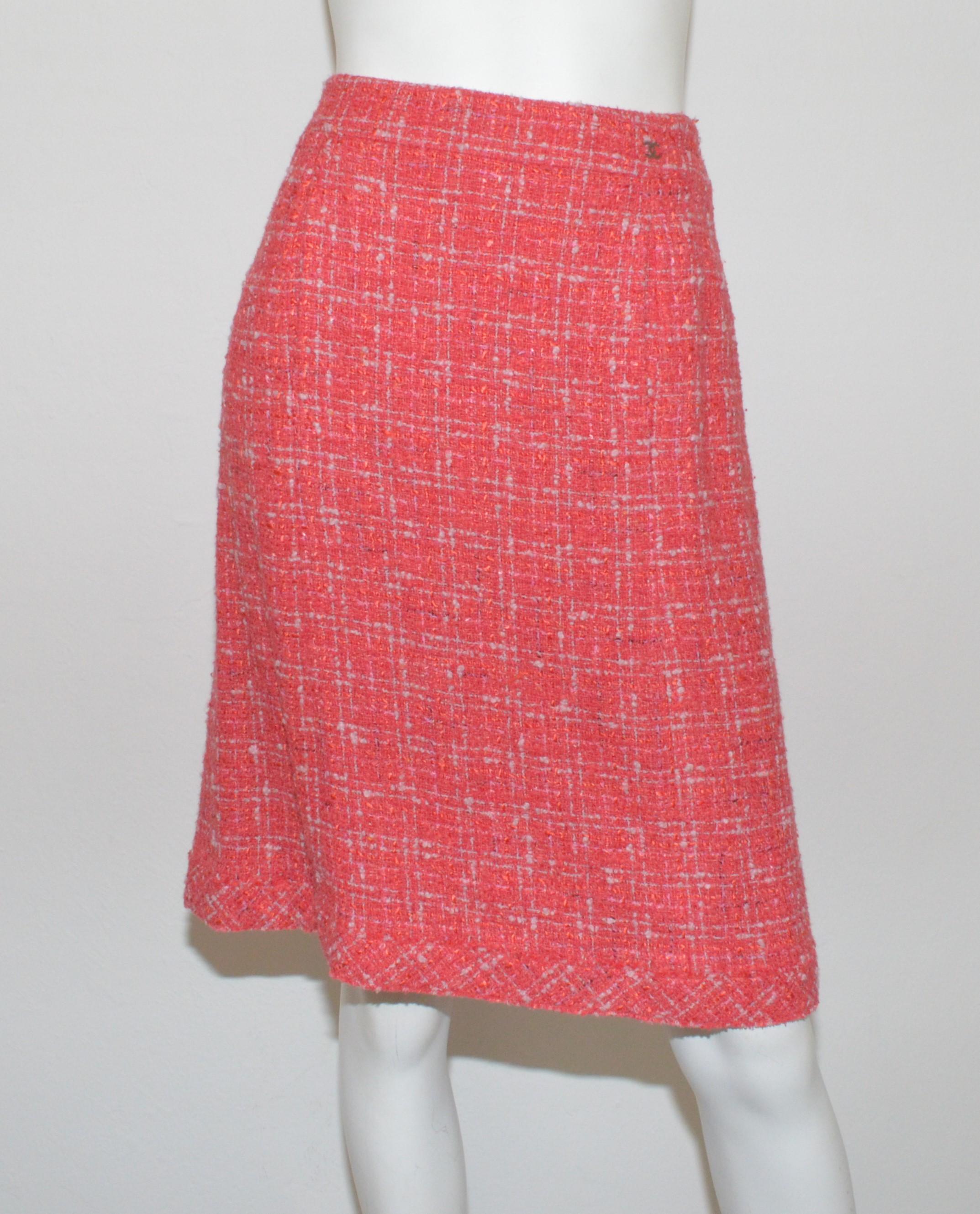 Chanel Coral Tweed Skirt with Chain Belted Jacket Set In Excellent Condition In Carmel, CA