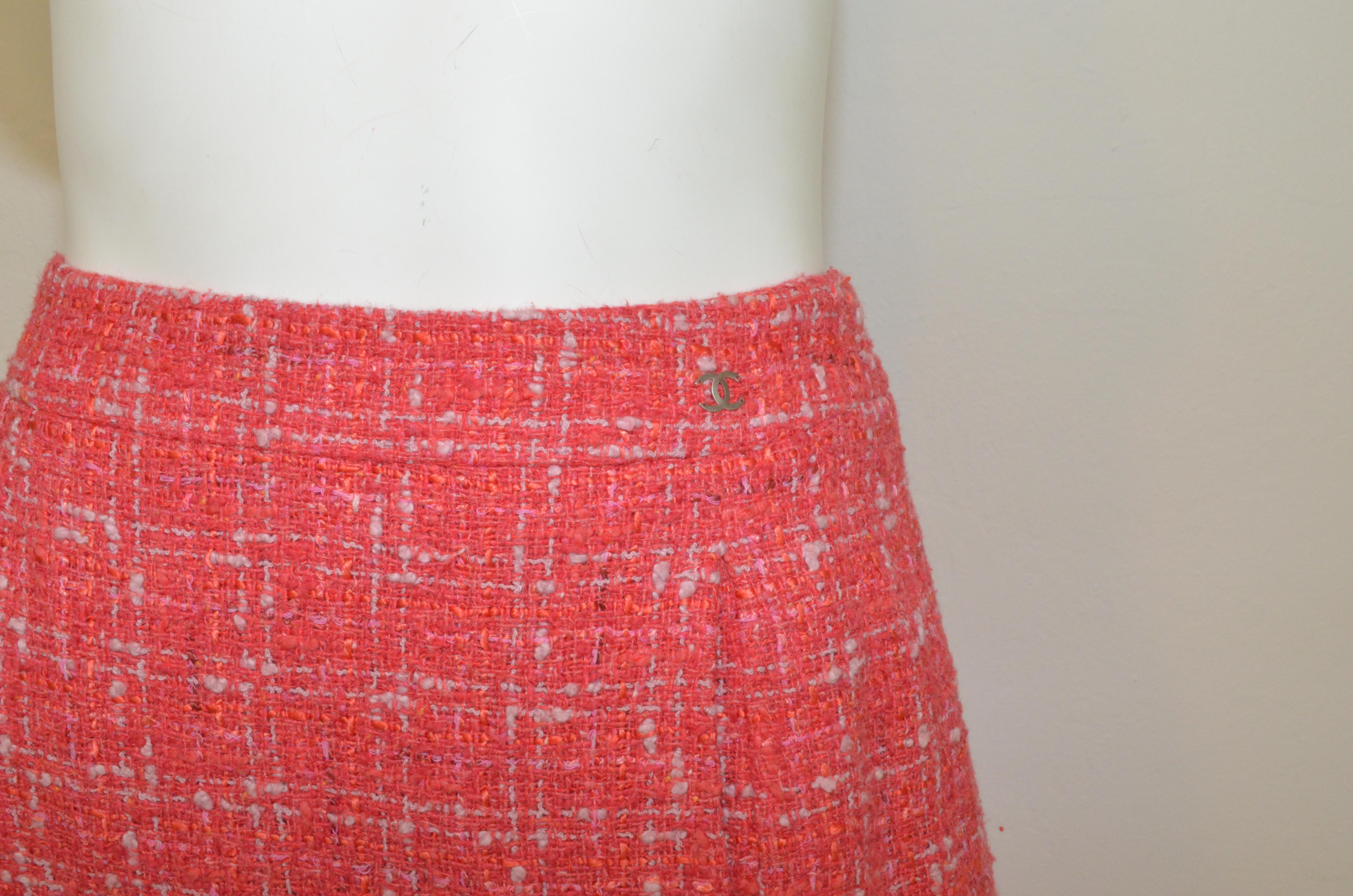Women's Chanel Coral Tweed Skirt with Chain Belted Jacket Set