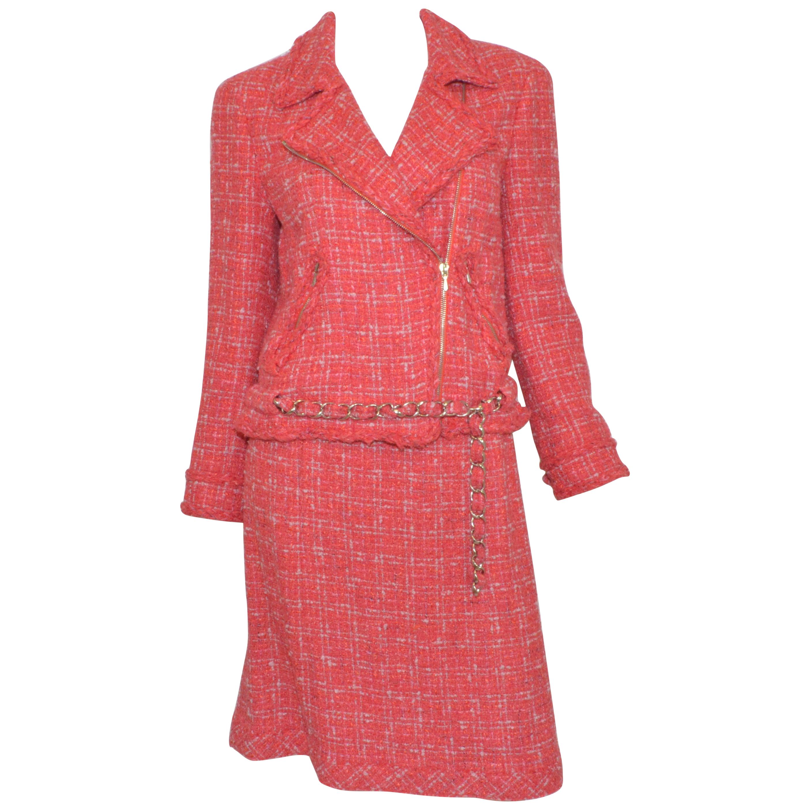 Chanel Coral Tweed Skirt with Chain Belted Jacket Set