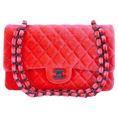 Chanel Coral Velvet Medium Classic Double Flap Bag So Black Metal HW 68242