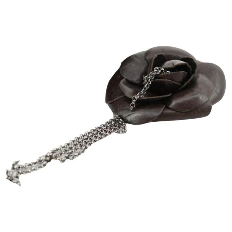 Chanel Corsage Brooch Features Camellia Flower in Black Calfskin Leather  For Sale at 1stDibs