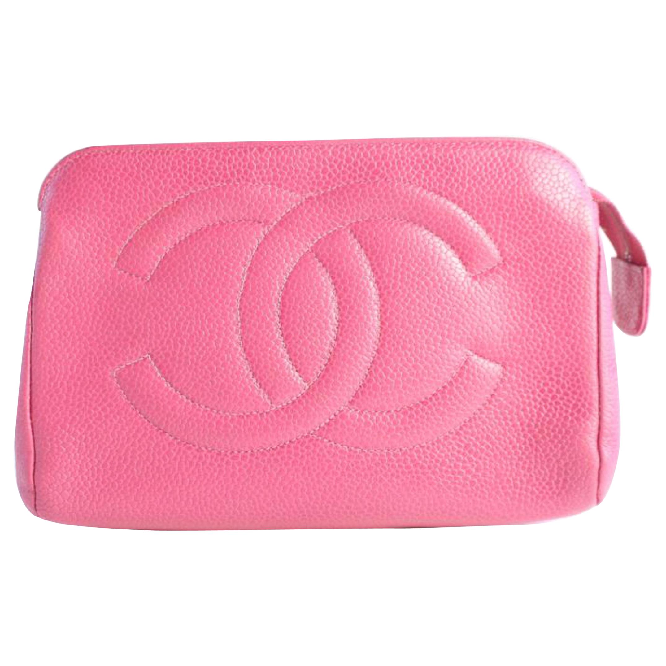 Chanel Cosmetic Hot Dark Zip Pouch 6cz0821 Pink Leather Clutch For Sale