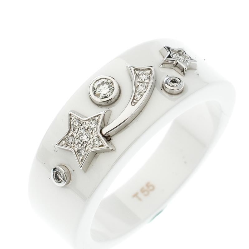 Chanel Cosmique de Chanel Diamond 18k White Gold Ceramic Band Ring Size 50 (Zeitgenössisch)