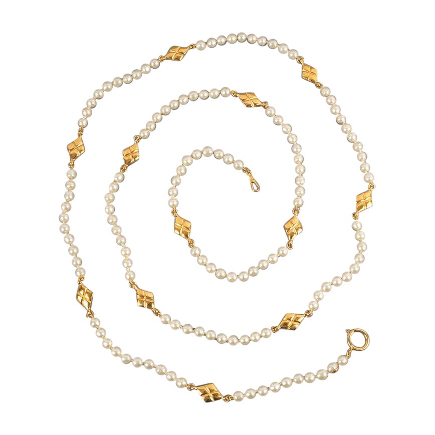 Chanel Costume Pearl Necklace with Golden Metal Elements