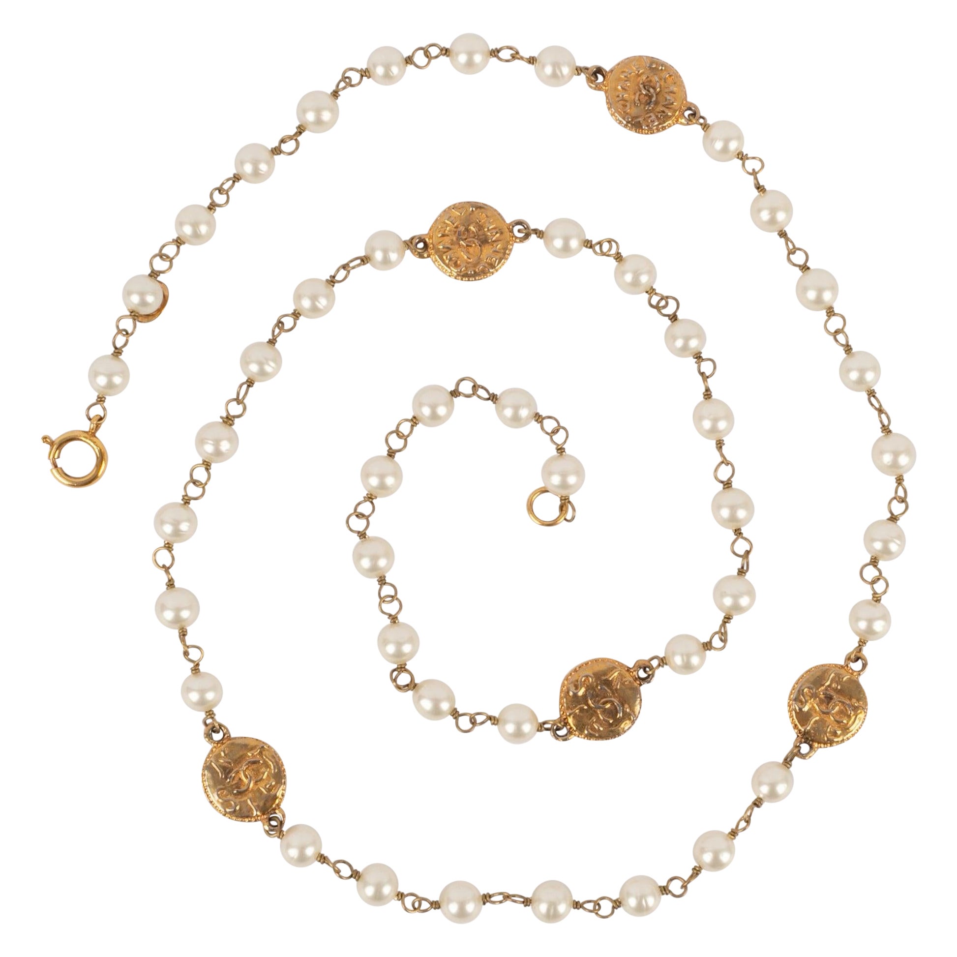 Chanel Costume Pearl Necklace with Golden Metal Medallions, 1980s