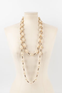 Chanel Costume Pearl Sautoir/ Necklace  with Golden Metal Rhinestone, 1990s