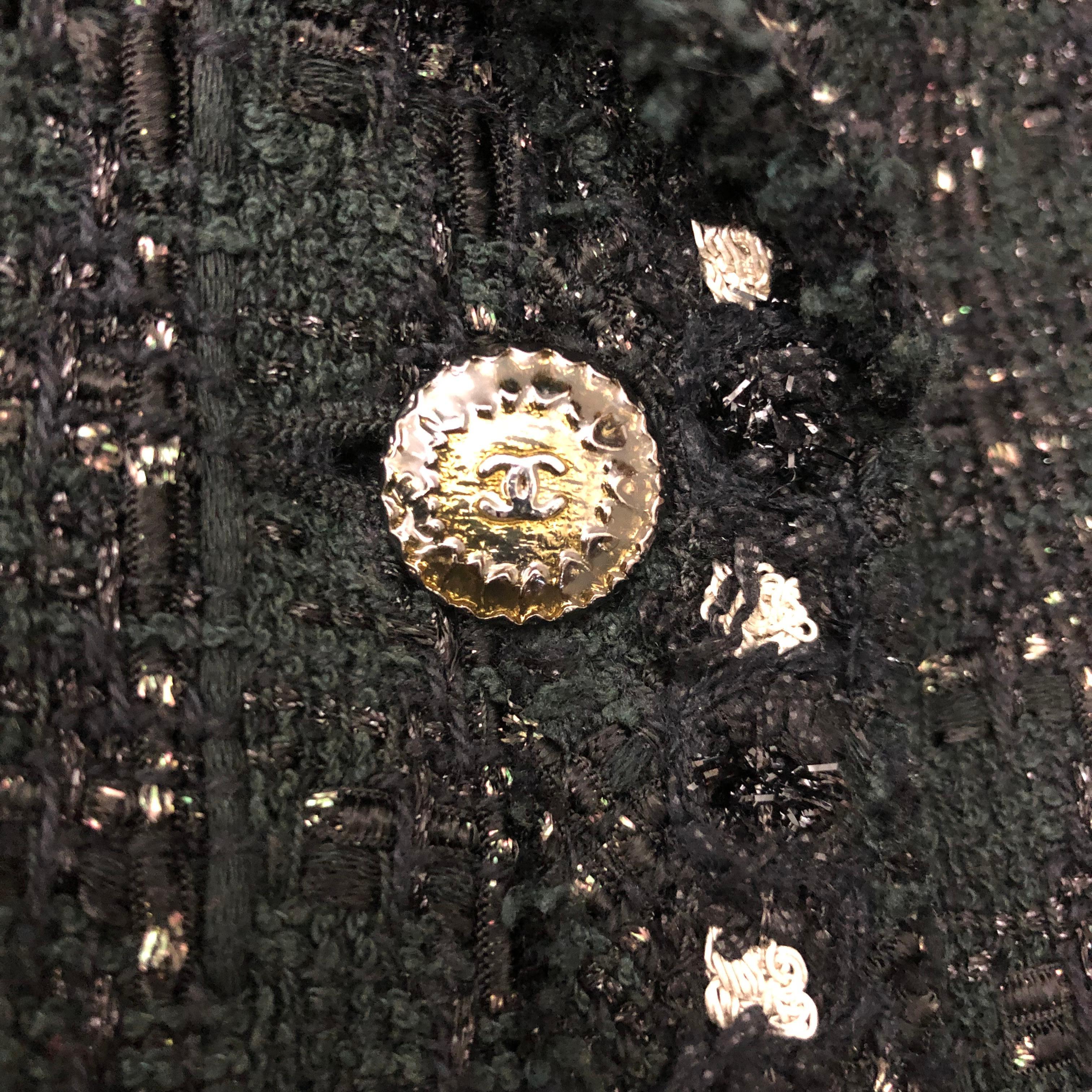 Women's or Men's Chanel Cotton/Rayon Black and Dark Green with Multi-Colours Tweed Jacket  For Sale
