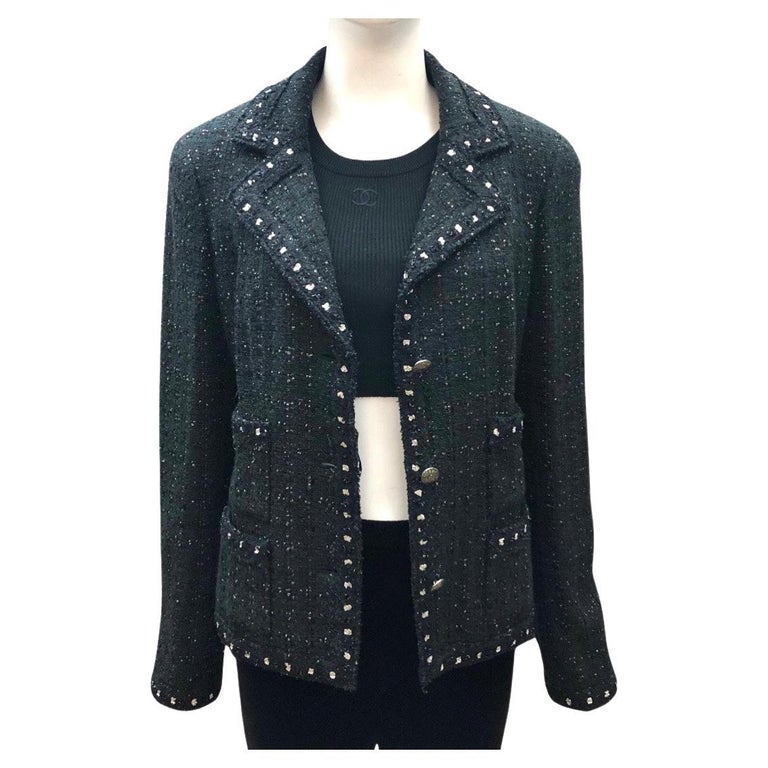 Chanel Cotton/Rayon Black and Dark Green with Multi-Colours Tweed Jacket  For Sale