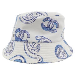 Chanel Cotton White Blue Heart Print Bucket Hat