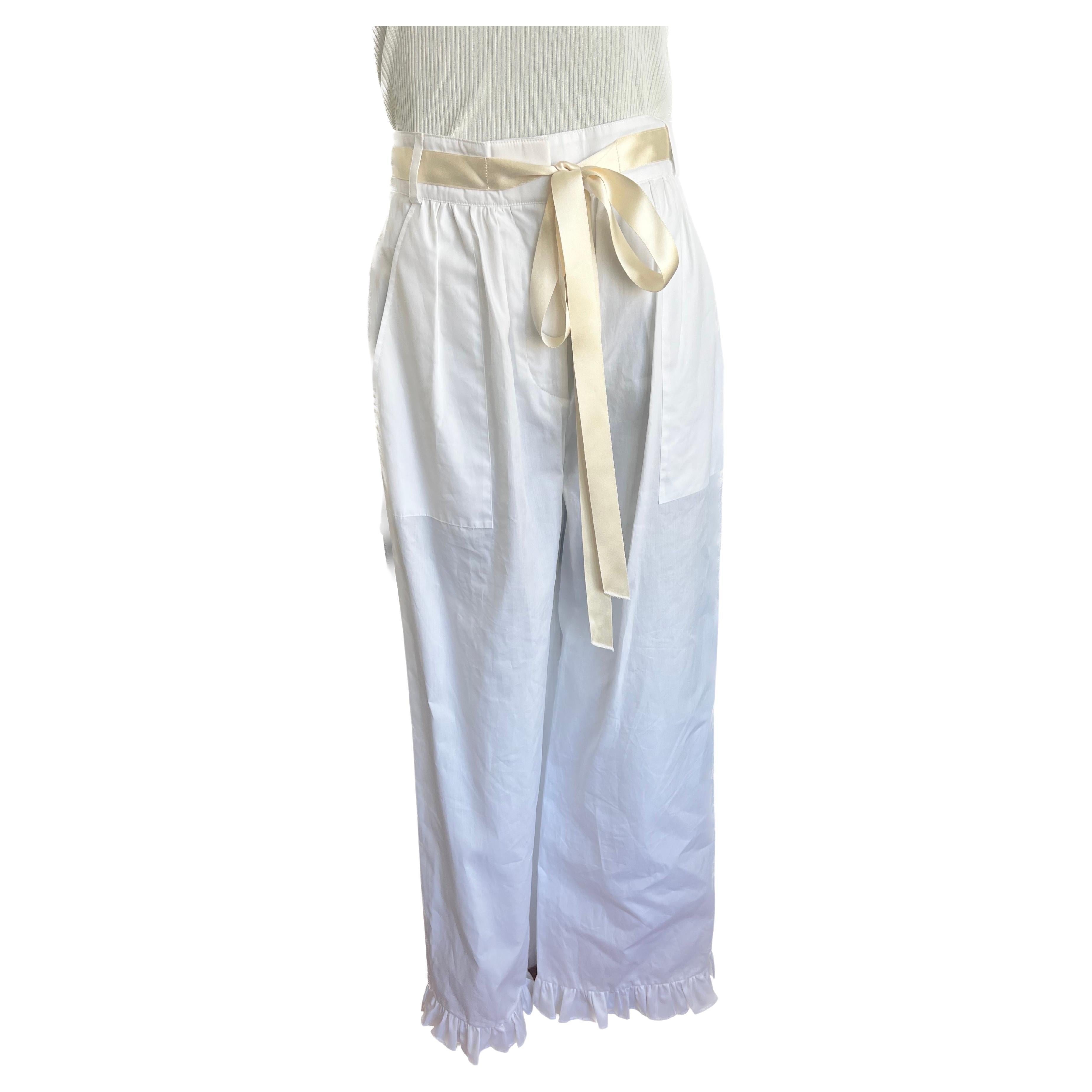 Chanel Cotton White Pant with ribbon belt and ruffle button 
