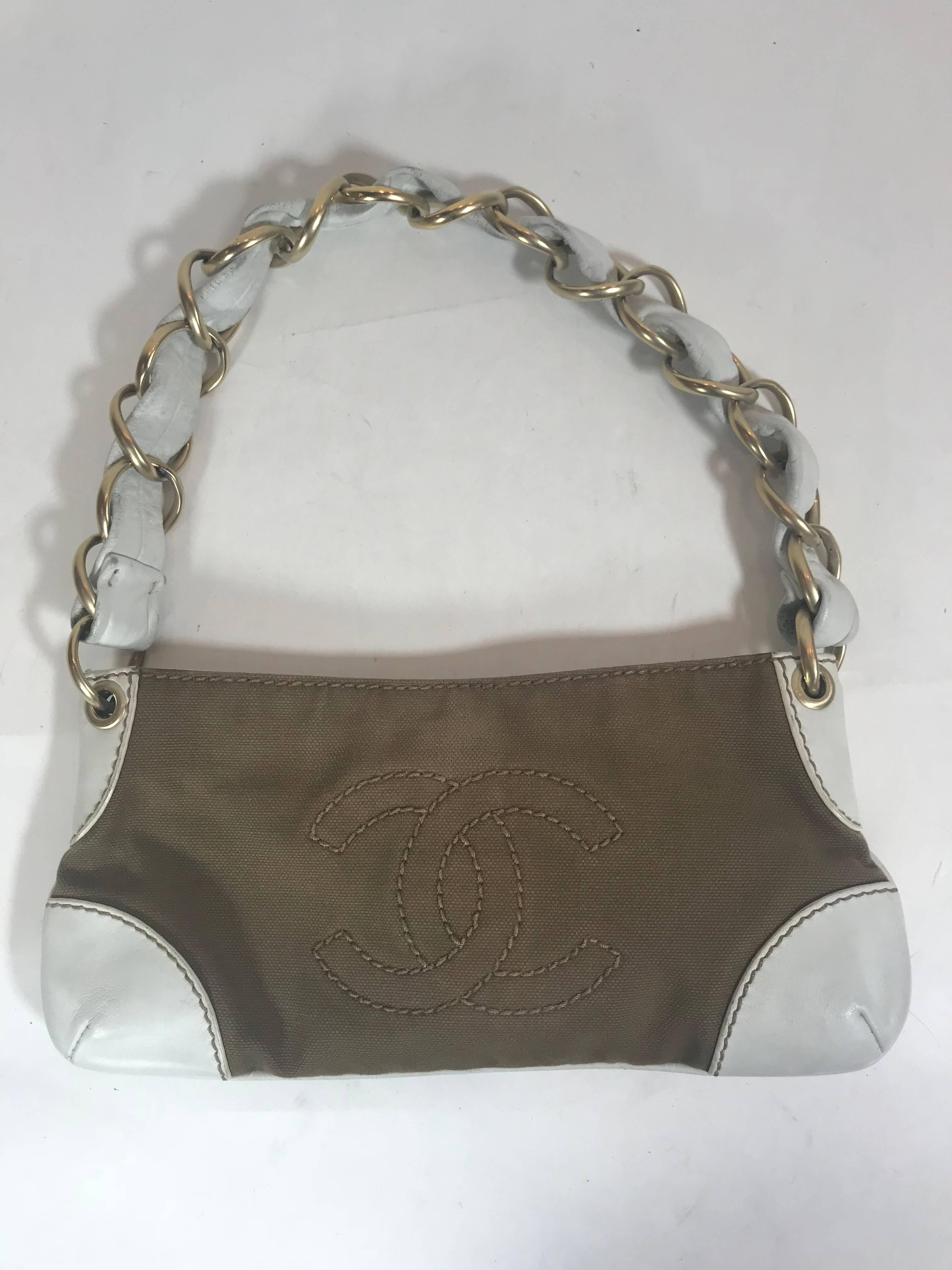 Gray Chanel Cotton X White Leather Brown Canvas Hobo Bag For Sale